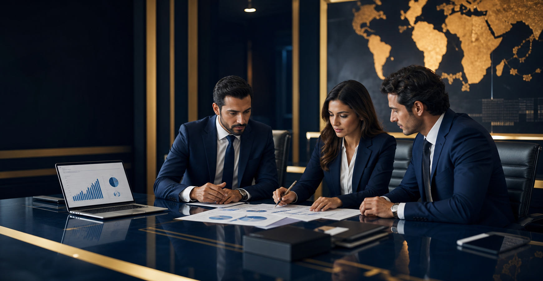 Équipe de conseil en réunion stratégique avec carte mondiale et données financières